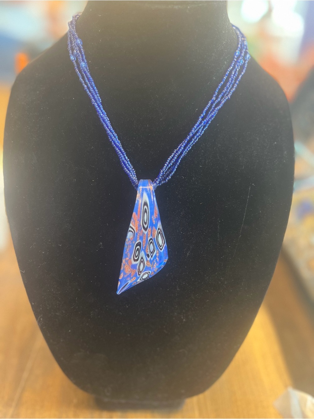 Blue Glass Pendant Multi-Strand Beaded Necklace